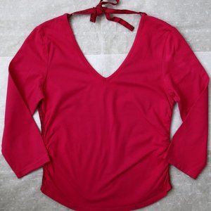 DKNY Jeans Short Stretch Shirt Top M 3/4 Sleeve V Neck Back Vintage Pink Cotton